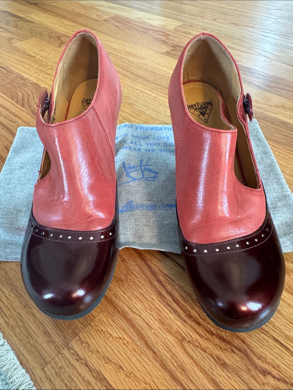 John Fluevog Pink and Burgundy Two-Tone Mary Jane Booties